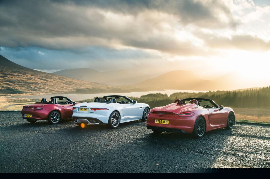 Cabrio clash: Porsche Boxster Spyder vs Jaguar F-type R vs Mazda MX-5